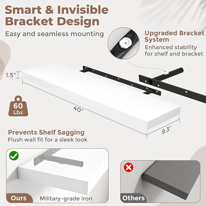 40 Inch Floating Shelves for Wall with Invisible Brackets Set of 2, 9"D Engineered Wood Wall Shelves with Wood Grain for Living Room, Bedroom, Bathroom, Kitchen Decor and Storage, White Finish