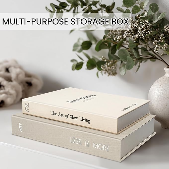 Minimalist Decorative Books - Fake Books Storage Box for Decoration - Set of 2 Linen Coffee Table Decor - Photo Storage Keepsake Box for Room Bookshelf Decor, Griege