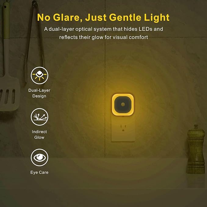 YUNLEX 2 Pack Plug in Night Light with Motion Sensor & Dusk to Dawn Sensor, 3 Sensor Modes, Auto ON/Off, Dimmable Nightlight for Living Room, Hallway, Bathroom, Golden Yellow