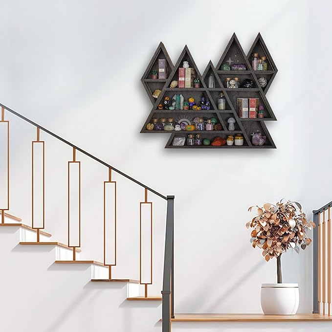 Triangle Mountain Crystal Shelf Display for Wall, Rock Gem Healing Stone Collections Display Shelf, Crystal Holder Trinket Organizer Knick Knack Shelf, Witchy Decor Gift for Women - 2025 UPGRADED