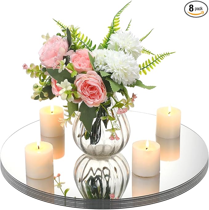 Amyhill 8 Pcs Round Mirrors for Centerpieces Table Decorations Acrylic Circle Mirrors Tray Candle Plates for Wedding Baby Shower Birthday Party Bulk Supplies(16 Inch)