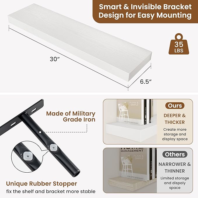 fuqing Floating Shelves for Wall, Wall Mounted Wood Floating Shelf with Invisible Brackets for Living Room, Bathroom, Bedroom, Kitchen Storage and Decor, 30 Inch Set of 2, White