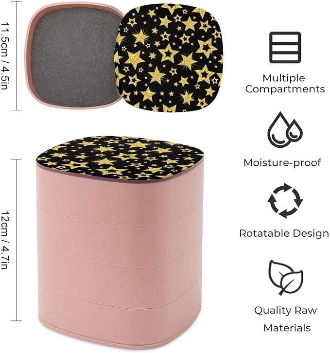 Earring Storage Box Organizer Jewelry Box Holder for Women 4-Layer Rotating Travel Jewelry Case (Black And Gold Stars Printed)