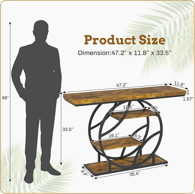 Entryway Table for Foyer,47.2 Inch Industrial Narrow Console Table,Accent Decor Living Room Furniture,Hallway & Sofa Table for Entrance,4-Tier Storage Shelves,Metal Frame,Thick Wood Top