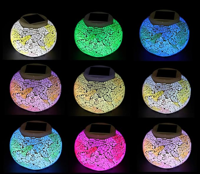 WSgift Color Changing Solar Powered Glass Mosaic Ball Led Garden Lights, Rechargeable Solar Table Lights, Outdoor Waterproof Solar Night Lights Table Lamps for Decorations, Ideal Gifts