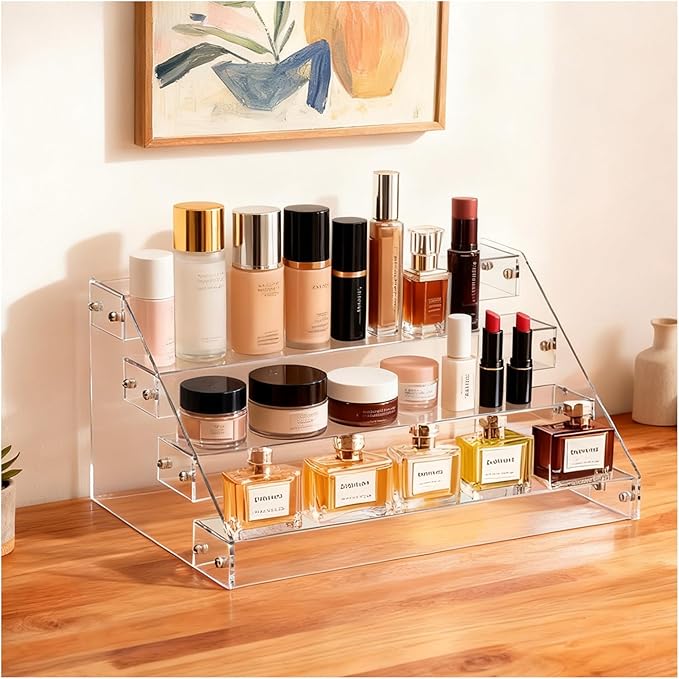 Tiered Spice Rack Acrylic, 4 Tier Spice Rack Shelf Seasoning Organizer, Clear Perfume Organizer, Makeup Display Stands Double Sided Usable for Better Presentation