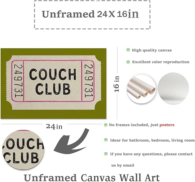 Vintage Canvas Wall Art Couch Club Ticket Wall Decor Retro Green Minimalist Quote Poster Fashion Green Aesthetic Posters Vintage Funny Artwork for Living Room Bedroom Home Decor, 24x16inch Unframed