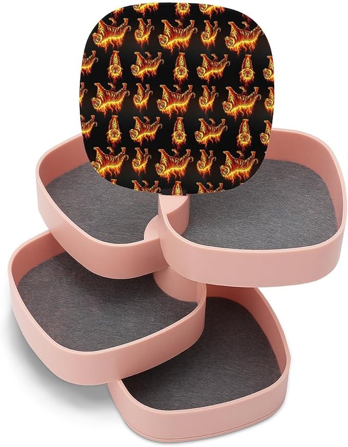 4-Layer Rotating Jewelry Box Mirror Necklace Ring Earring Storage Fire Flame Tiger Small Jewelry Organizer Box