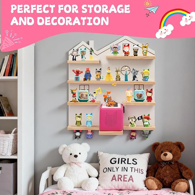 Gieanoo Large Tonie Shelf for Toniebox,for Toniesbox 1 and Toniesbox 2 Tonie Shelf Wall Mounted Magnetic Pine Wooden Floating Shelves Compatible with Tonie Box Player Tonie Figures Storage(White)
