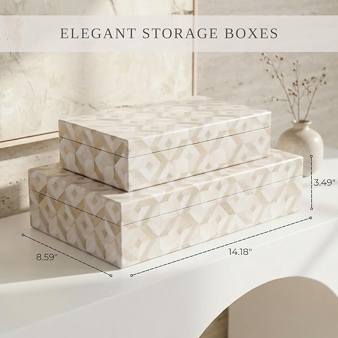 ZICOTO Decorative Storage Boxes with Lids - Set of 2 Beautiful Organizer Bins for Your Bookshelf Home Decor - Safely Store Photos, Documents and Memory Box Keepsakes on Your Shelves in Style