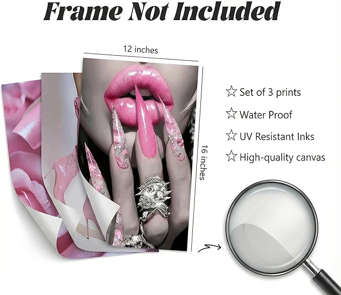 3pcs Fashion Pink Women Canvas Wall Art Glam Funky Maiden High Heel Posters Prints Paintings Elegant Dreamy Lips Pink Pictures Wall Decor for Living Room Bedroom Home Decoration Unframed