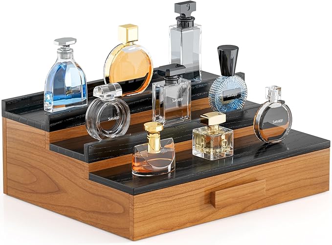 Solid Walnut Wood Cologne Organizer for Men, 3 Tier Cologne Stand Display Shelf with Hidden Compartment and Drawer, Perfume Stand Organizer, Perfume Display Holder, Great Gift for Men Father