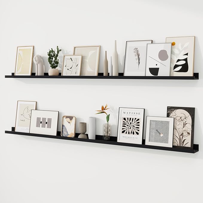 RICHFOCUS Picture Ledge Shelf, 72 inch Floating Shelves Set of 2, Wood Wall Shelves with Lip, Wall Decor Storage for Bedroom Living Room Bathroom Kitchen Nursery Photo Picture, Black