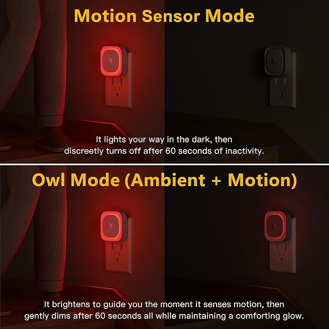 YUNLEX 2 Pack Plug in Red Sleep Night Light with Motion Sensor & Dusk to Dawn Sensor, Soft Glow, 0% Blue Light True Red, Dimmable, Auto On/Off, LED Lights for Bedroom, Sleep, Kids, Bathroom, Hallway