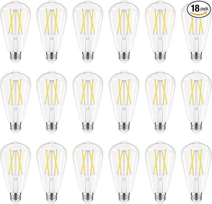 GvvooHome Dimmable LED Edison Bulbs, 4000K Daylight White, 6W Equivalent to 60 watt E26 LED Bulb, ST58 Vintage Light Bulbs, 600LM, 90+ CRI, E26 Base, Clear Glass, 18 Pack