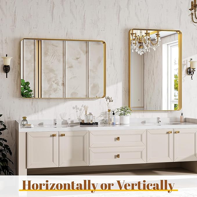 Bathroom Mirrors for Over Sink 30 x 48 Inch Rounded Corner Rectangle Bathroom Vanity Mirror Bathroom Mirror for Wall Hangs Horizontally or Vertically for Living Room Bedroom Entryway Gold