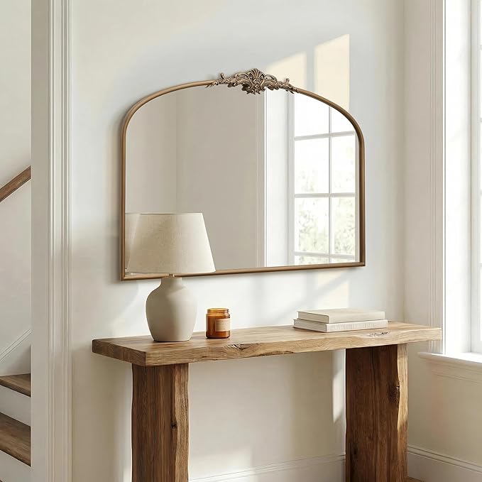 Besdomus Vintage Arched Gold Mirror: 40"x29" French Large Matt Gold Antique Wall Mounted Mirror - Baroque Traditional Ornate for Entryway/Fireplace/Bathroom/Hallway - Home Decor for Fashion-Conscious