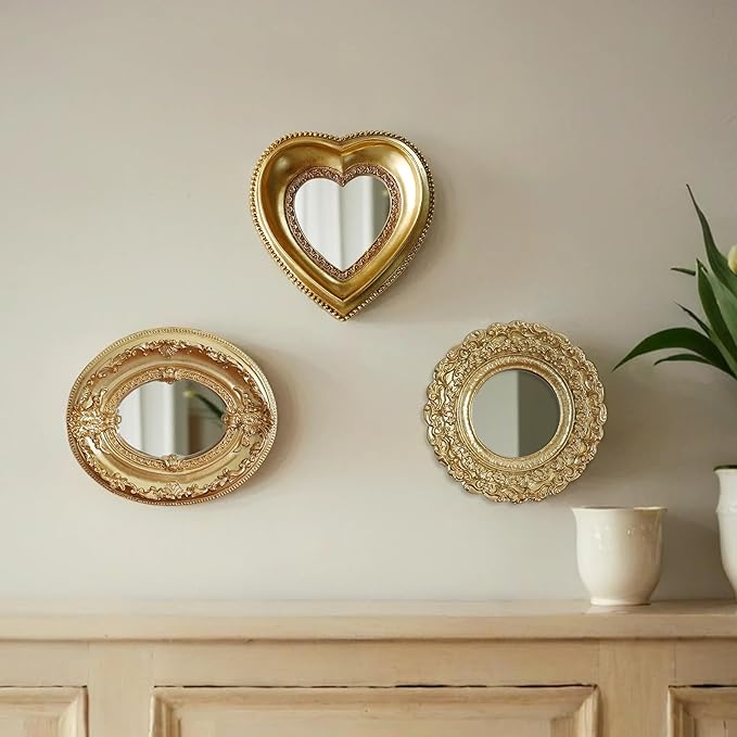 Golden Mini Vintage Mirror with Exquisite Relief Elegant Wall Decor for Bedroom Dresser Table Compact Resin Retro Design (Gold Round, 5X5)