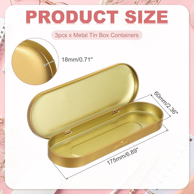 uxcell 3pcs Metal Hinged Tins Box, 6.9x2.4x0.7 Inch Rectangular Empty Tin Box Portable Pencil Containers for Pen Makeup Brushes Home Organizers, Gold