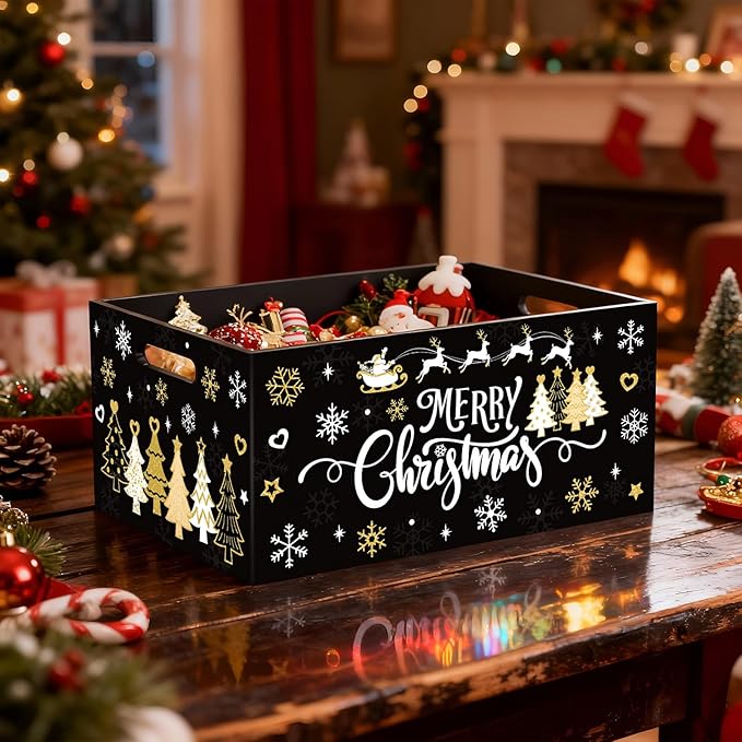 Soaoo Christmas Wooden Crate 11.4 x 8.3 x 5.4 Inch Merry Christmas Storage Box with Handles Decorative Rustic Farmhouse Wood Basket for Xmas Hot Cocoa Bar Candy Pet Table Decor (Black)
