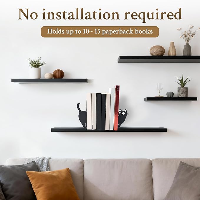 BEISE Book Ends Gifts for Cat Lovers, Decorative Metal Cat Bookends for Bookshelf & Desk, Cute Black Kittens CD Book Holder, Kitchen Organizer for Shelf, Home Office Decor, Unique Book Lover Gift