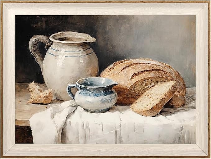 ASTRDECOR Framed Kitchen Wall Art, Modern Muted Still Life Painting Farmhouse Wall Decor, Sourdough Bread Canvas Wall Art Prints, Rustic Jars White Tablecloth Country Wall Decor Living Room-12''x16''