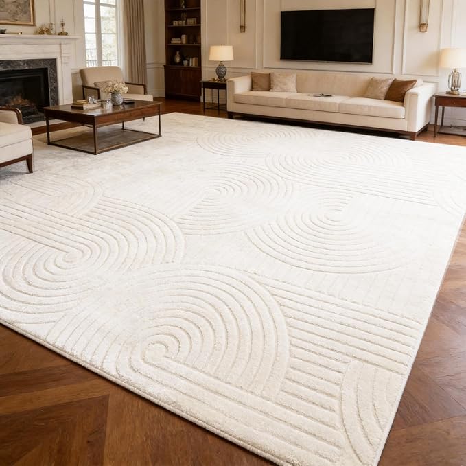 Beige 8x10 Solid Color Area Rugs – Washable Living Room Rug, Modern Geometric Non-Slip Indoor Carpet with Soft High-Low Pile, Fluffy Floor Rugs for Bedroom, Kids Room, Nursery, Home Décor