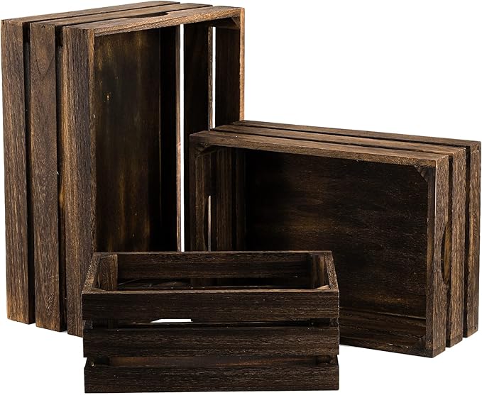 ZOOFOX Set of 3 Nesting Wooden Crates, Rustic Wood Basket with Handles, Decorative Farmhouse Wooden Storage Container Boxes for Party, Office, Bedroom, Kitchen and Closet