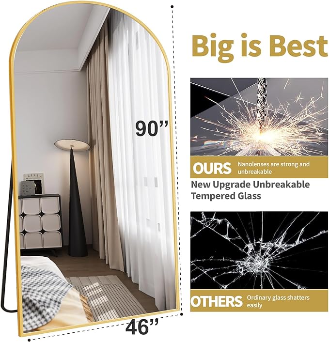 DMWOODFL 46"x90" Extra Large Arched Full Length Gold Mirror - Aluminum Alloy Frame, Standing/Leaning/Wall Mounted, Modern Home Decor for Bedroom, Living Room, Cloakroom