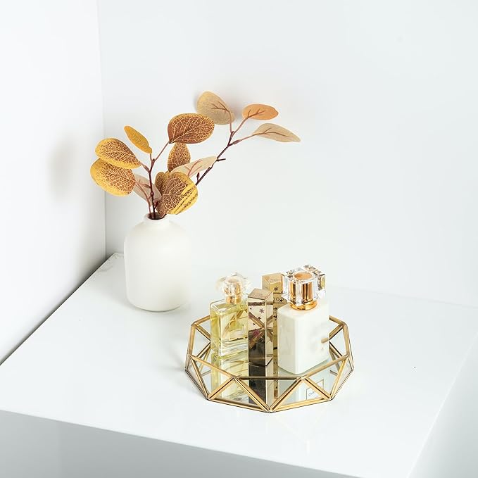 Feyarl Small Gold Glass Perfume Tray Jewelry Trinket Organizer Tray Ornate Vanity Cosmetic Makeup Display Decorative Tray for Home Decor Dresser Tabletop Countertop (7inch)