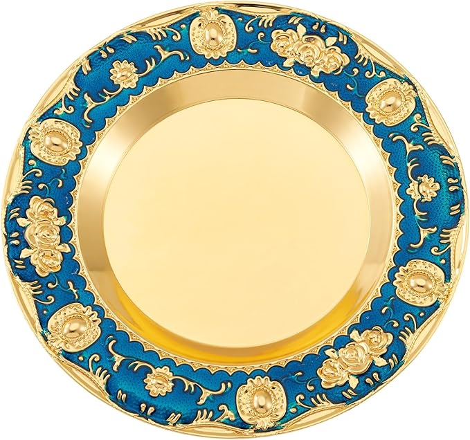 1pcs Golden Serving Tray for Party 4.8" Vintage Round Decorative Plate Tray Jewelry Makeup Organizer Dishes Bathroom Vanity Tray for Gift Wedding Coffee Table Dessert Christmas 20 cm (Blue)