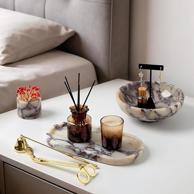 Luxury Natural Oval Marble Tray – 9.8 x 4.9-Inch Calacatta Viola Stone Vanity Tray, Small Catchall Organizer for Jewelry Perfume Keys, Decorative Trinket Tray for Bathroom Coffee Table & Dresser