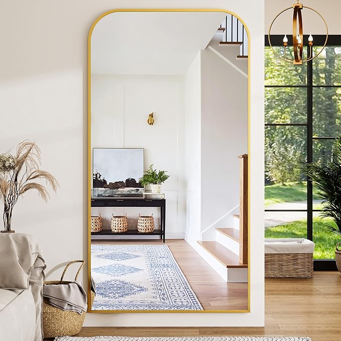 Full Length Mirror 86"x40" Arched Floor Standing Large Mirrors Full Body Mirror with Stand - with Aluminum Frame for Bedroom Living Room, Gold