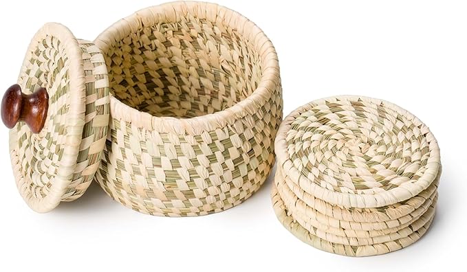 Handwoven Sabai Grass Coaster Set with Holder – Set of 6 Natural Eco-Friendly Drink Coasters, Absorbent Table Protectors with Storage Basket & Lid – Rustic Home Décor