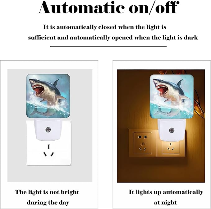 Great White Shark Night Light,Plug Into Wall for Boys Girls Bedroom Decorative Square Night Light Lamp 0.5w Sleep Friendly