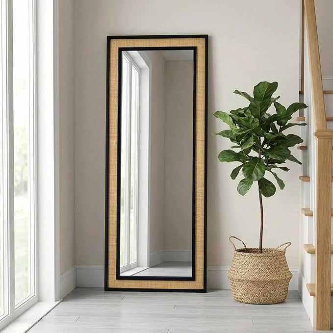 Rattan Full Length Mirror,18"x48" Long Rattan Wall Mirror,Wooden Mirror with Wicker Frame,Decorative Full Body Mirror Hanging,Farmhouse Rectangle Floor Mirror for Bathroom Living Dressing Room Black