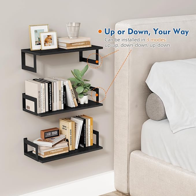 Harwaya Wall Mounted Bookshelf, Floating Bookshelves for Bedroom, 17 Inches Long Wall Mount Book Shelves for Living Room Office Books, Black Wall Book Holder Bookcase (Set of 3)
