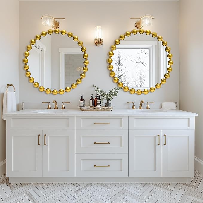 Round Gold Mirror 24'', Spherical Frame Vintage Beaded Mirror for Wall Decor Large Circle Mirror for Bathroom, Dining Roon, Bed Room, Entryway