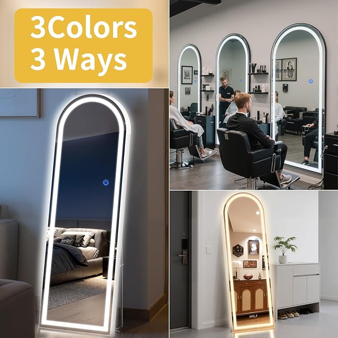Arch Full Length Standing Mirror with LED Lights, 56"x20" Lighted Mirror with Dimming & 3 Color Lighting, Tall Mirror Full Body for Bedroom, Dressing Room