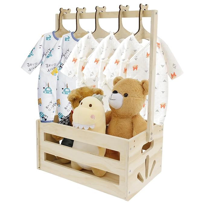 Wooden Baby Shower Crate Closet, Baby Storage Crate with Handle, Decorative Basket for Baby Shower Gifts, Welcome Gift Basket for Newborn Boys Girls, Pregnancy Gifts for New Parents