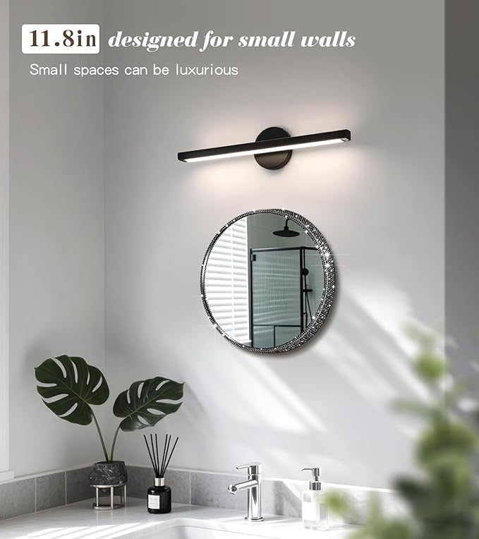 Crystal Diamond Wall Mounted Mirror Black Makeup Mirror 12inch Round Bing Mirror for Bedroom Real Glass Mirror for Wall Decor