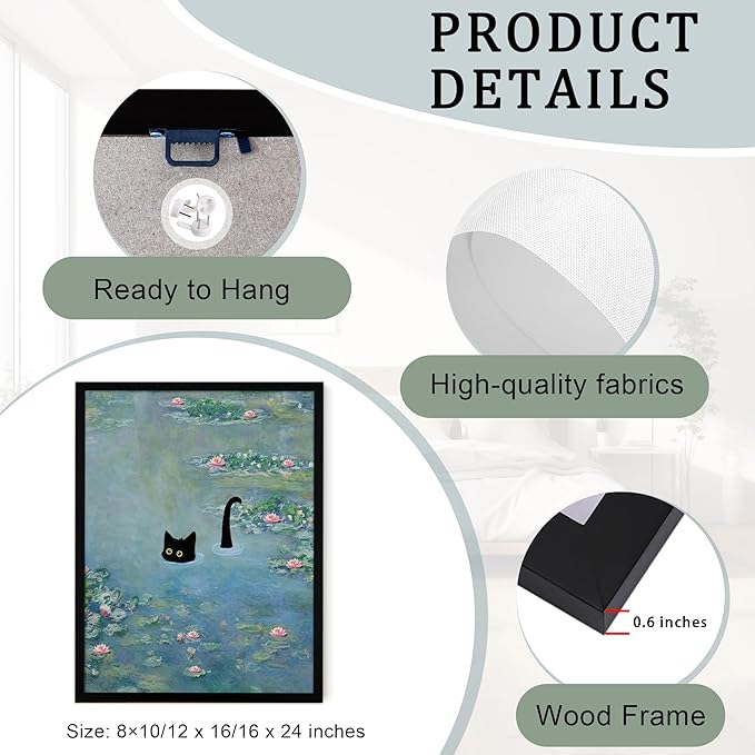 Fantasy Artists Monet Water Lilies Cat Wall Art, Framed Vintage Canvas Art Wall Decor, Funny Black Cat Posters Prints for Bathroom Bedroom Living Room Home Office Decorations 20" Wide X 30" Height