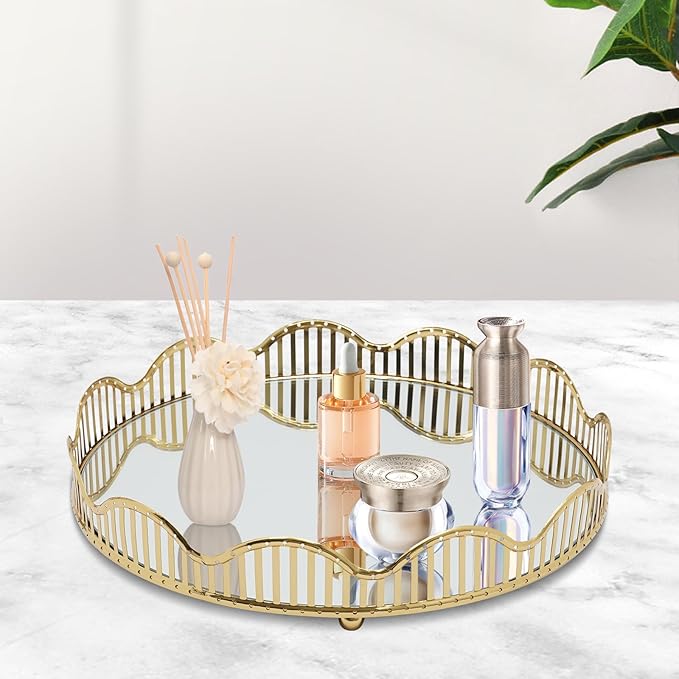 Gold Mirrored Tray with Ornate Frame, 12.4” Round Vanity Tray for Perfume & Jewelry Organizer, Decorative Makeup Tray with Mirror Base for Dresser, Bathroom, Coffee Table, Home Decor