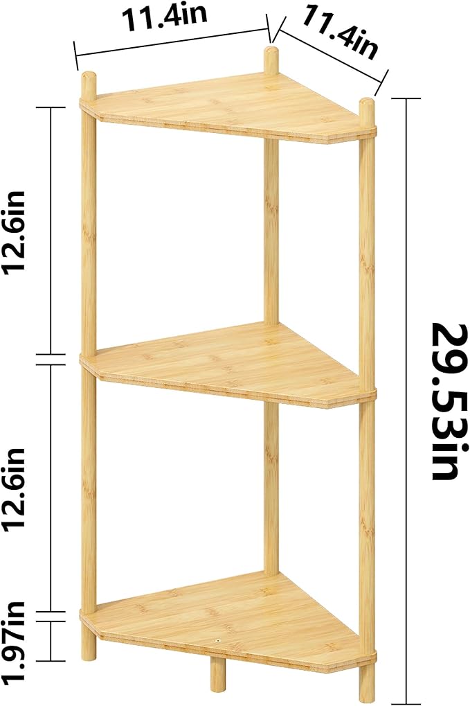 Corner Shelf Stand - 3 Tier Bamboo Small Corner Bookshelf for Office Kitchen Bedroom Plant Stand Living Room Decor Small Space (Natural，3 Tier)