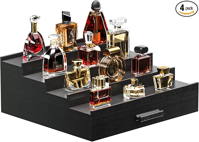 Vdamu Cologne Organizer for Men,4 Tier of Elevated Cologne Display Stand with Drawer Storage,Wood Cologne Display,Perfume Organizer and Storage Display Risers,Great Gift for Men (Black)