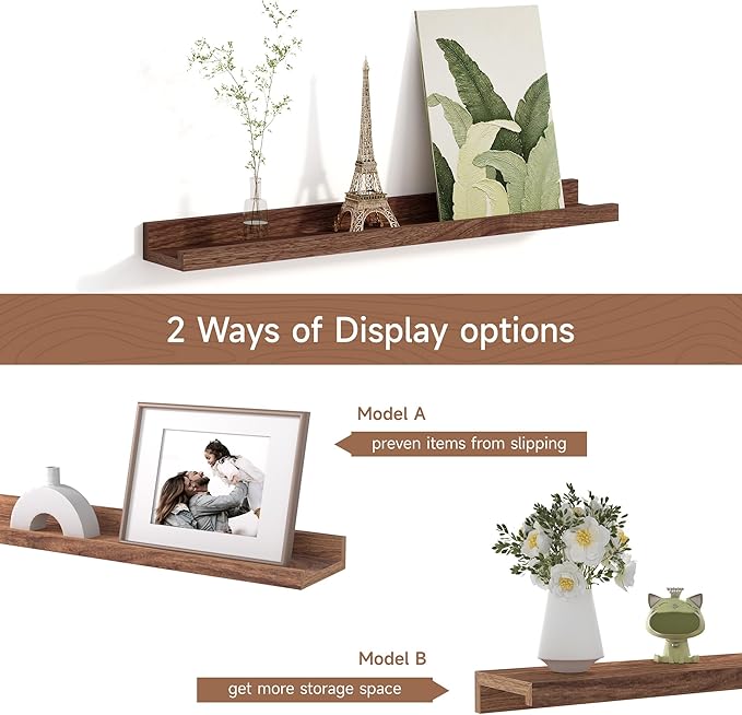 Fun Memories Picture Ledge Shelf for Wall, Floating Shelves Set of 4, 24 Inch Long Nursery Book Shelves for Toys Storage, Kids Bookshelf Wall Mounted for Books Photo Frames, Walnut