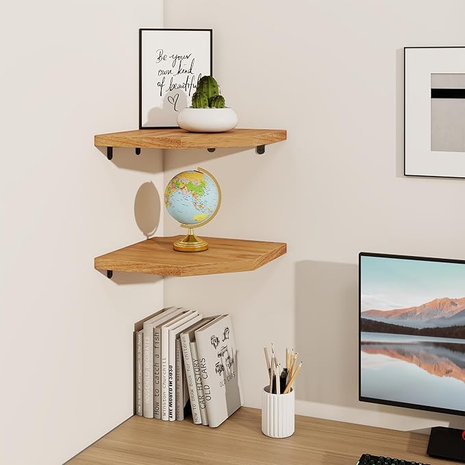 Fun Memories Corner Shelf Wall Mount Set of 2 - Solid Oak Wood Floating Corner Shelf with Cable Hole, 10in Rustic Design for Bedroom, Living Room, Kitchen (Natural)