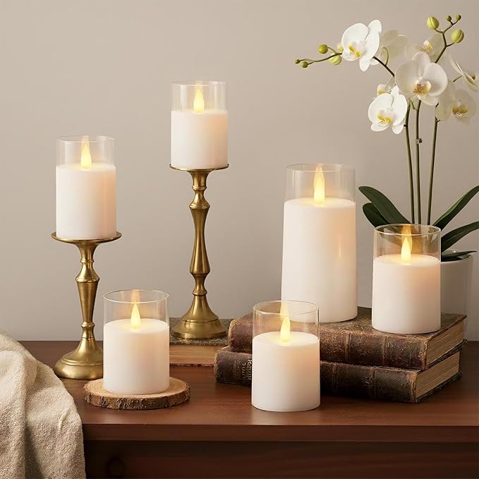 Raycare Flameless Electronic Pillar Candles with Remote Control and Timer- Battery Operated Realistic Flickering LED Fake Candle for Home, Wedding, Valentine's Day Decor, White,Set of 3(3"x4"5" 6")