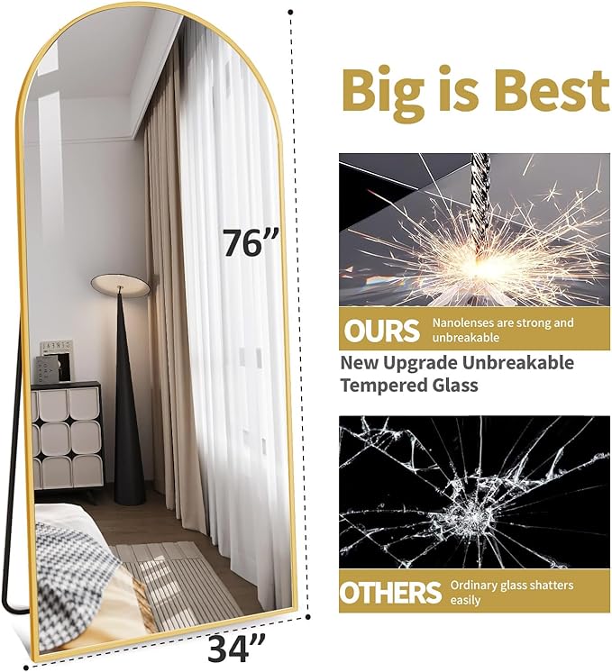 DMWOODFL Large Arched Full Length Mirror with Stand 76x34, Freestanding Floor Mirror or Wall Mounted, Tall Body Mirror with Aluminum Frame for Bedroom, Living Room, Gold