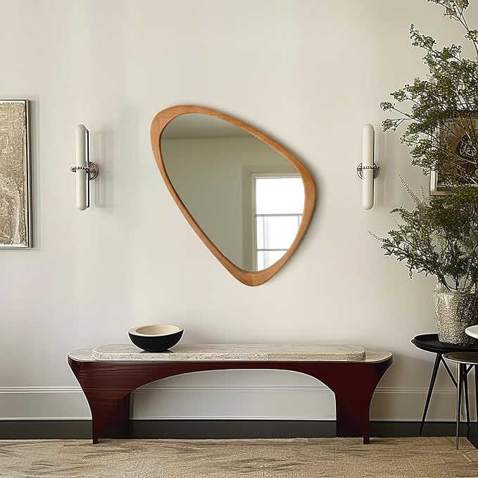 sawsile Irregular Wall Mirror for Bathroom,Wood Asymmetrical Rustic 19.5 x 30.5 inch Farmhouse Vanity Unique Walnut Decorative Large Mirror for Entryway,Bedroom,Living Room,Washroom